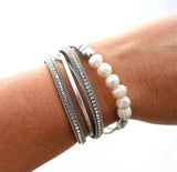 Rhinestone & Pearl Leather Bracelet Multi-layer Crystal Suede Magnet Clasp