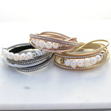 Rhinestone & Pearl Leather Bracelet Multi-layer Crystal Suede Magnet Clasp