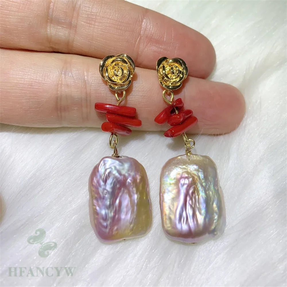 Baroque Pearl Coral Earrings 18k Drop Cultured Dangle