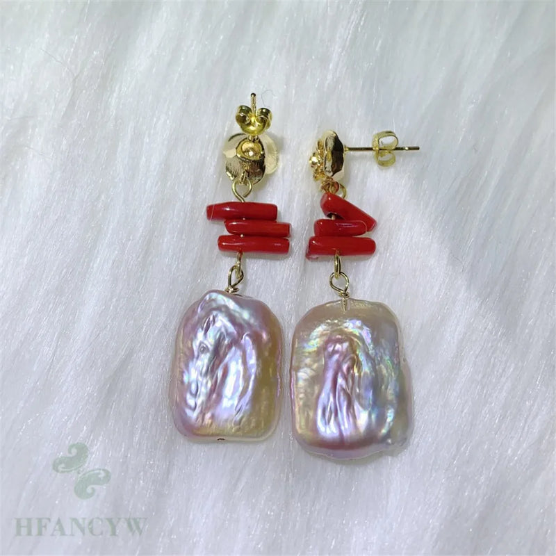 Baroque Pearl Coral Earrings 18k Drop Cultured Dangle