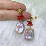 Baroque Pearl Coral Earrings 18k Drop Cultured Dangle
