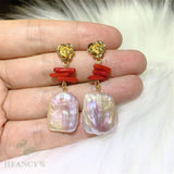 Baroque Pearl Coral Earrings 18k Drop Cultured Dangle