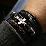 Brown Leather Bracelet Set Trust In God Cross Charm Bangle Homme Gift
