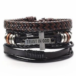 Brown Leather Bracelet Set Trust In God Cross Charm Bangle Homme Gift