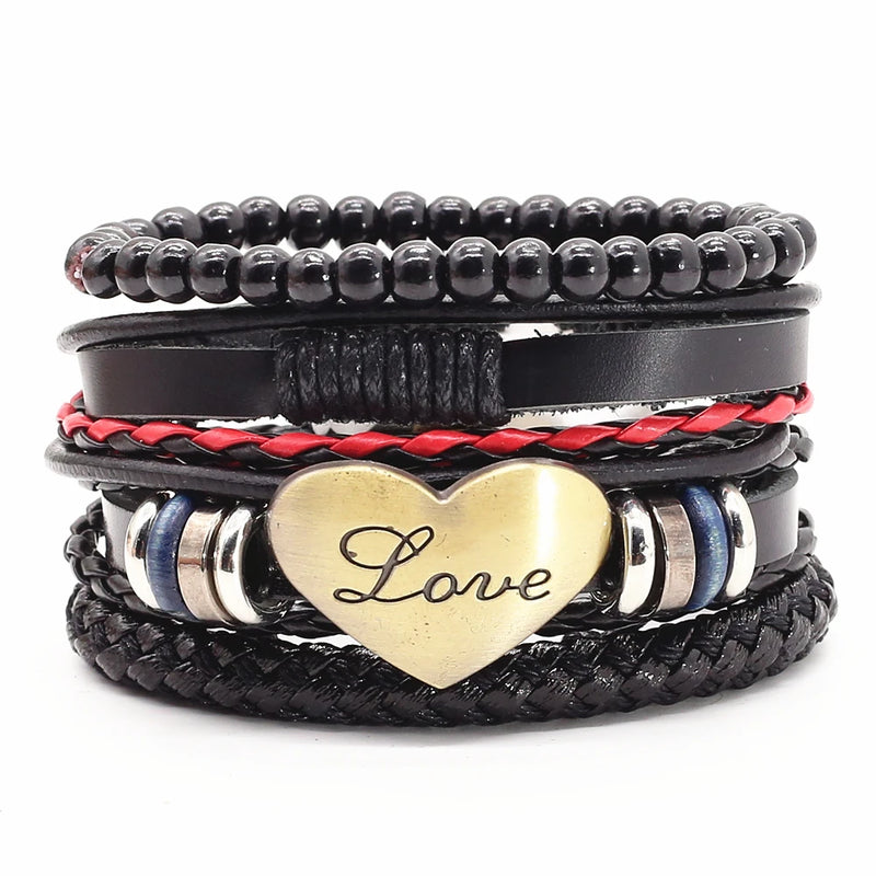 4 Pcs/Set Cross Charm Woven Leather Bracelets Bangles
