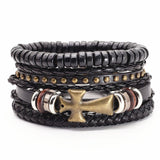4 Pcs/Set Cross Charm Woven Leather Bracelets Bangles