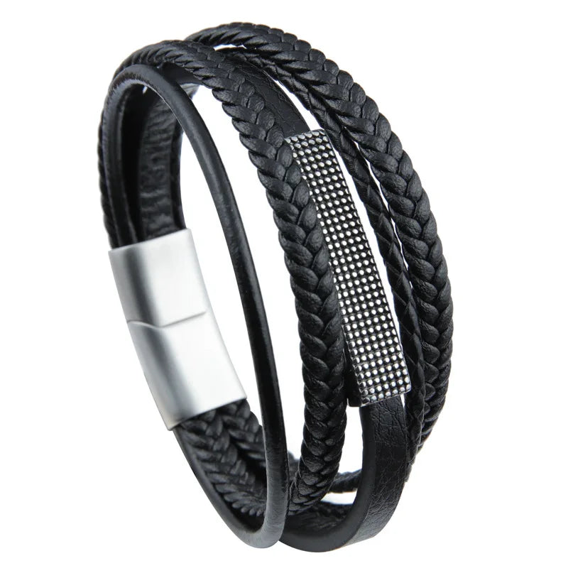 Multi-layer Braided Leather Men Bracelet Stainless Steel Magnetic