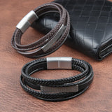 Multi-layer Braided Leather Men Bracelet Stainless Steel Magnetic