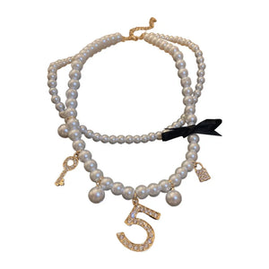 Crystal Pearl No.5 Bow Choker Necklace Key Lock Neck Chain