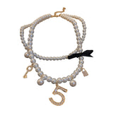 Crystal Pearl No.5 Bow Choker Necklace Key Lock Neck Chain