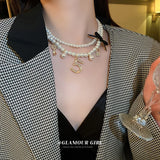 Crystal Pearl No.5 Bow Choker Necklace Key Lock Neck Chain