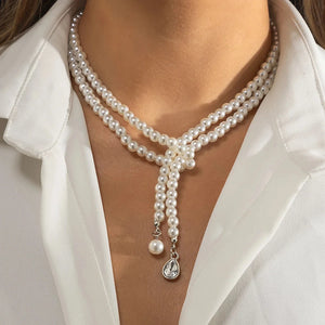 Crystal Pearl No.5 Bow Choker Necklace Key Lock Neck Chain