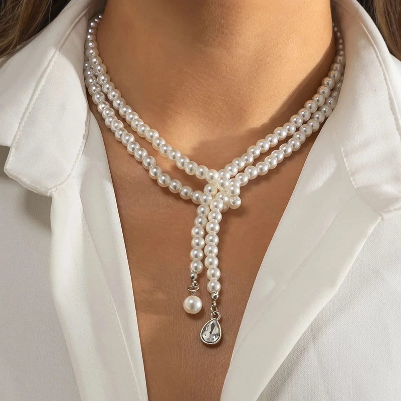 Crystal Pearl No.5 Bow Choker Necklace Key Lock Neck Chain