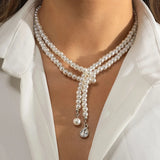 Crystal Pearl No.5 Bow Choker Necklace Key Lock Neck Chain