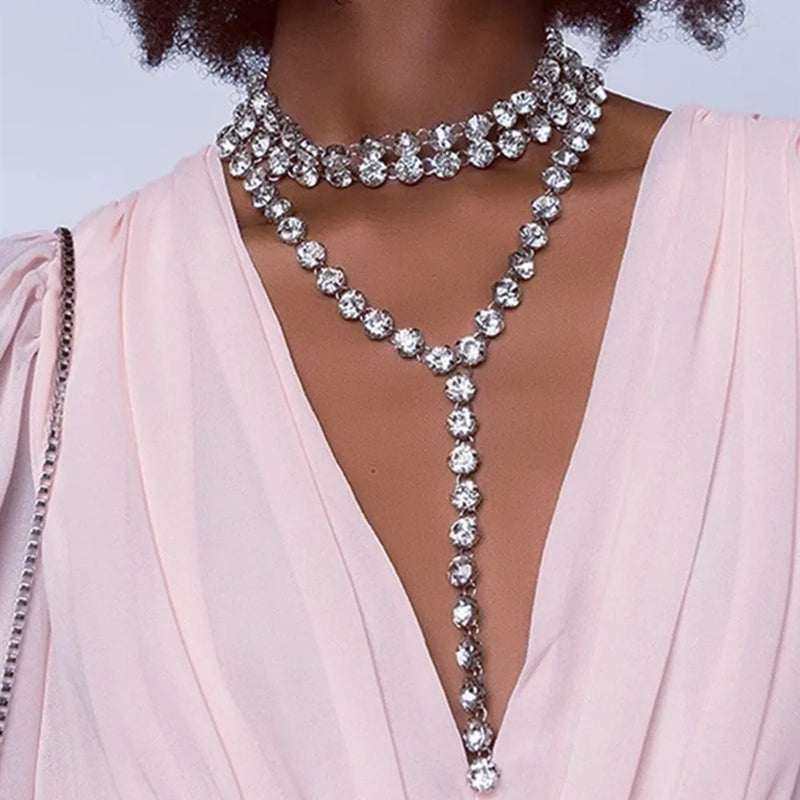 Crystal Tassel Chain Long Choker Necklace Rhinestone Collar Wedding Jewelry