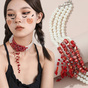 Multi-layer Pearls Beads Necklace Choker Punk Goth Style Tassel Neck Chain