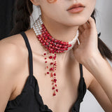 Multi-layer Pearls Beads Necklace Choker Punk Goth Style Tassel Neck Chain
