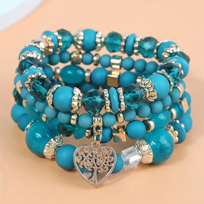 Glass Beaded Bracelet Strand Retro Hollow Heart Charm Vintage Jewelry