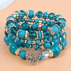 Glass Beaded Bracelet Strand Retro Hollow Heart Charm Vintage Jewelry