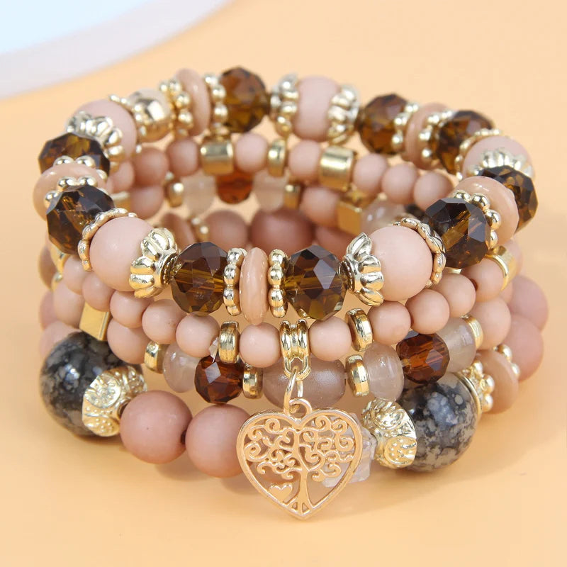 Glass Beaded Bracelet Strand Retro Hollow Heart Charm Vintage Jewelry