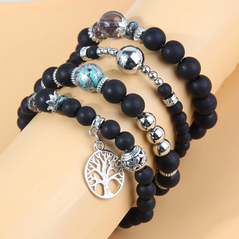 Multi-layer Resin Beaded Bracelet Retro Hollow Leaf Charm Vintage Jewelry