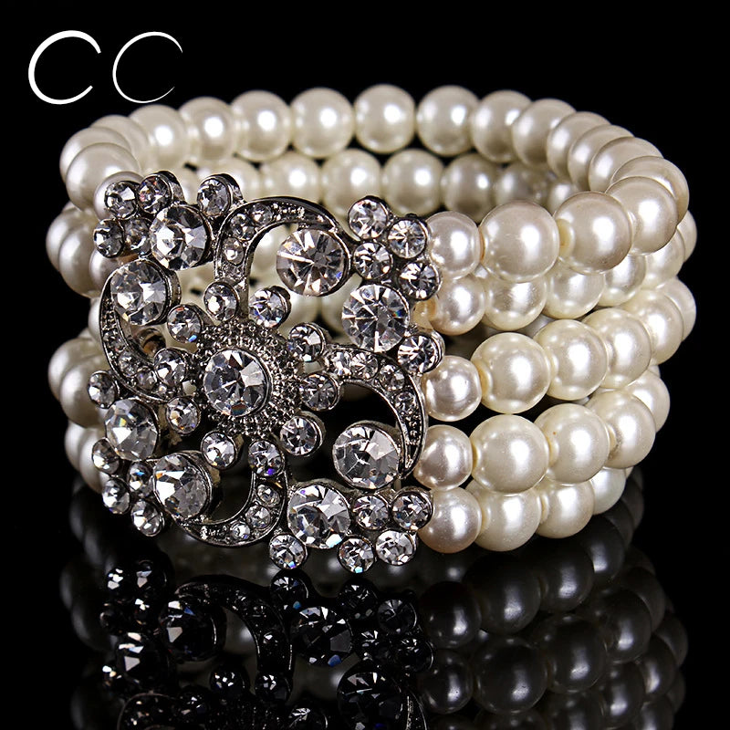 Layers Charms Pearl Bracelet Bangles Austrian Crystal Jewelry for Brides
