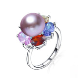 Flower Zircon Freshwater Pearl Ring 925 Silver Adjustable