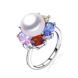 Flower Zircon Freshwater Pearl Ring 925 Silver Adjustable
