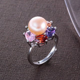 Flower Zircon Freshwater Pearl Ring 925 Silver Adjustable