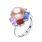 Flower Zircon Freshwater Pearl Ring 925 Silver Adjustable