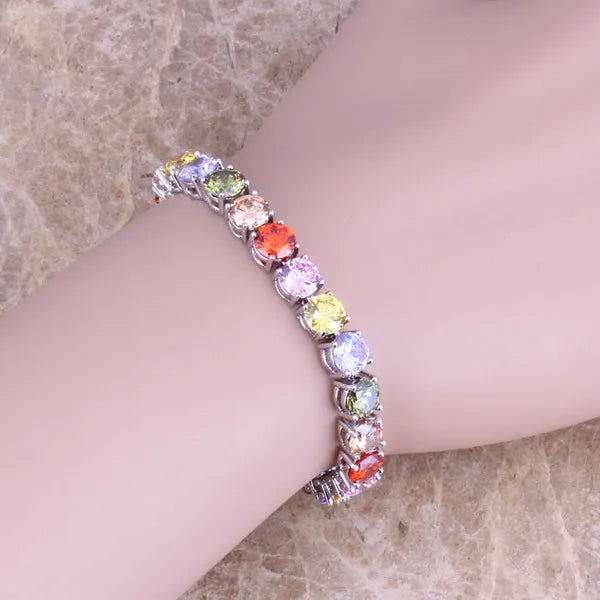 Multicolor Brown CZ Silver Plated Link Chain Bracelet 7in