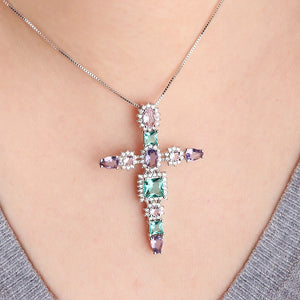 Multicolor Cross Pendants Necklace Cubic Zirconia for Women