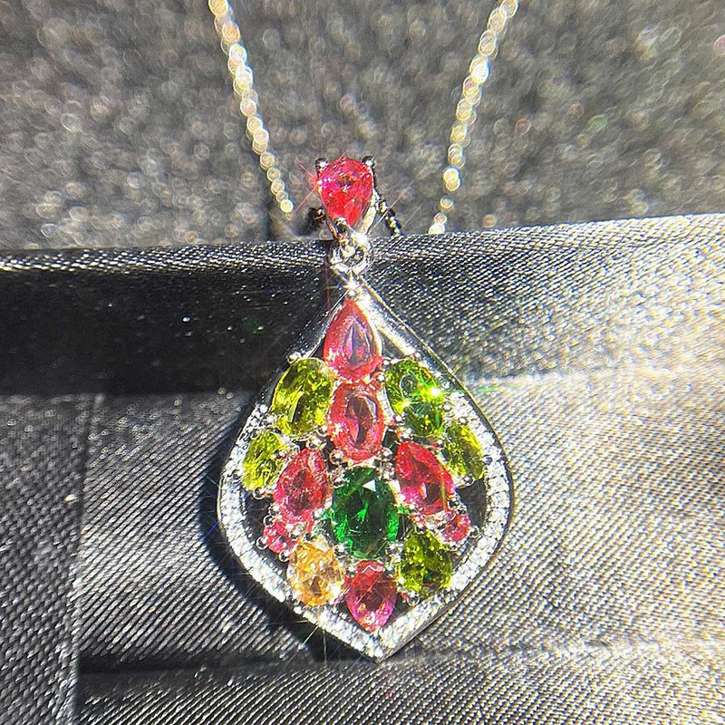 Multicolor Crystal Agate Zircon Diamond Pendant Necklace