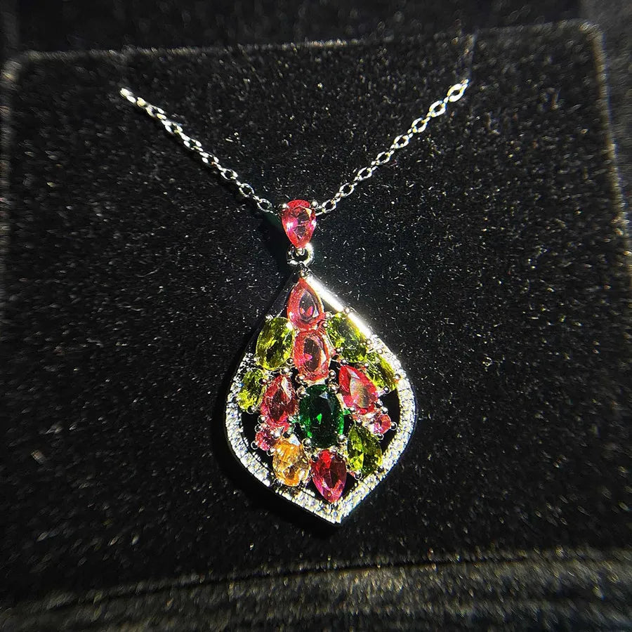 Multicolor Crystal Agate Zircon Diamond Pendant Necklace