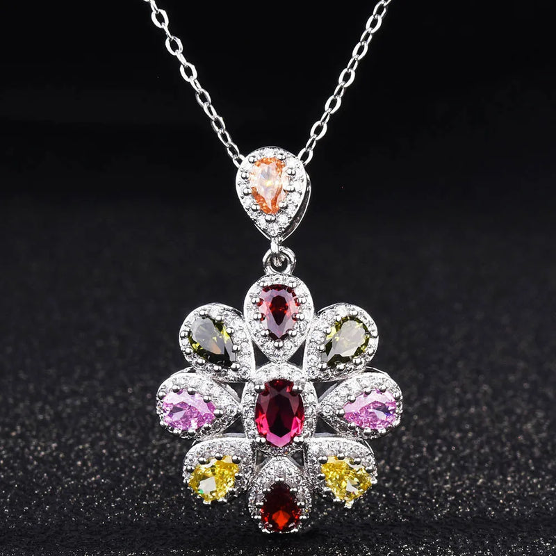Multicolor Crystal Flower Zircon Diamonds Gemstones Pendant Necklace