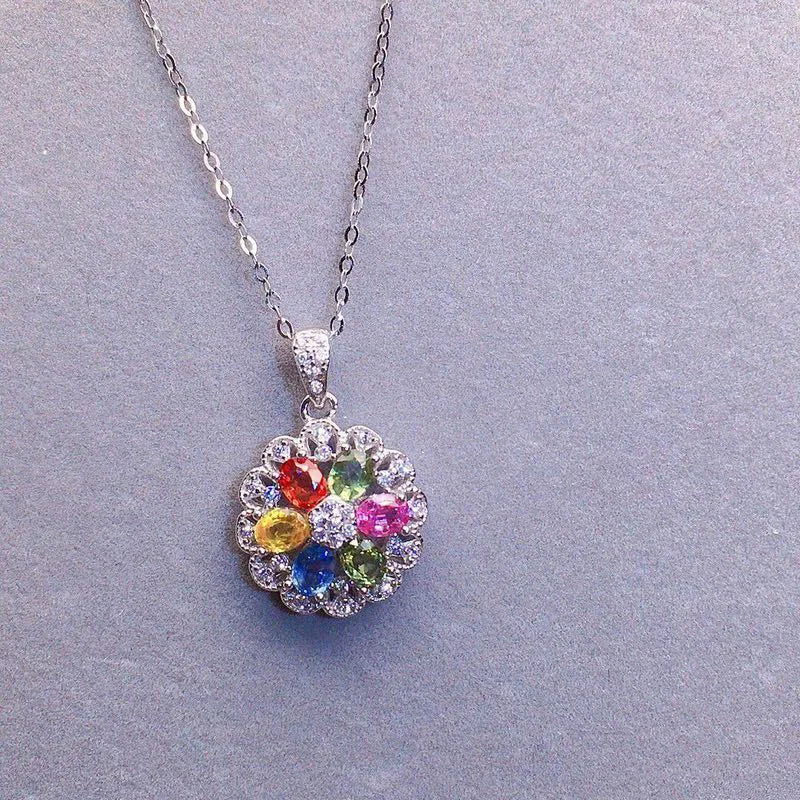 Multicolor Crystal Zircon Flower Pendant Necklace Silver Choker Jewelry