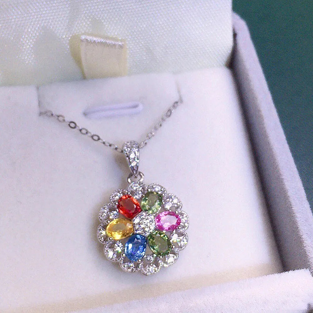 Multicolor Crystal Zircon Flower Pendant Necklace Silver Choker Jewelry