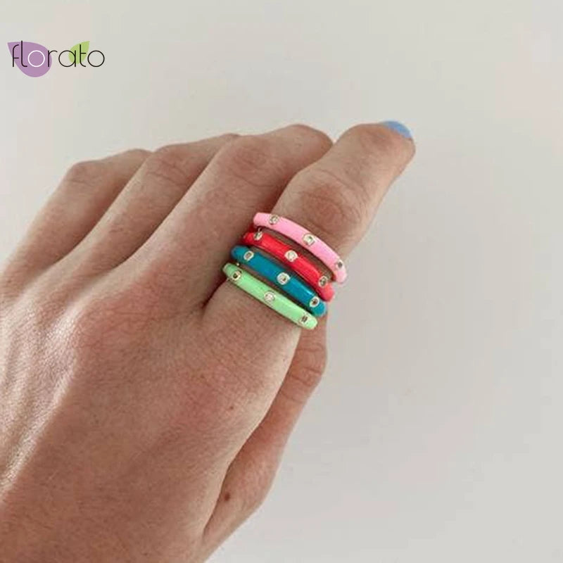 Adjustable Multicolor Enamel Geometric CZ Wrap Ring
