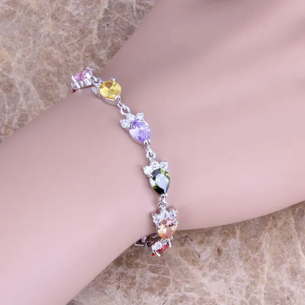 Multicolor Green Peridot Silver Plated Chain Bracelet 6-8 inch S0393