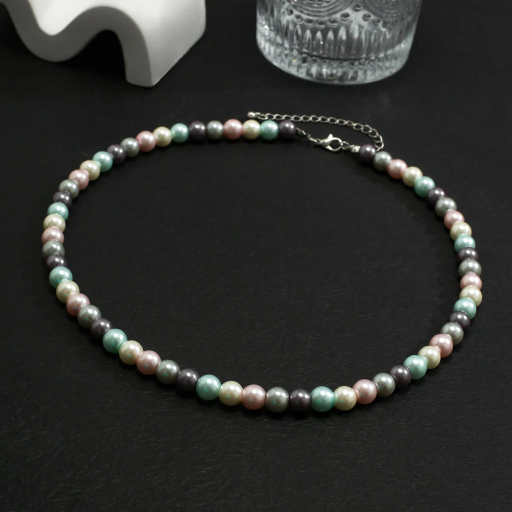 Multicolor Pearl Beads Short Choker Necklace Men Beaded Chains Collar
