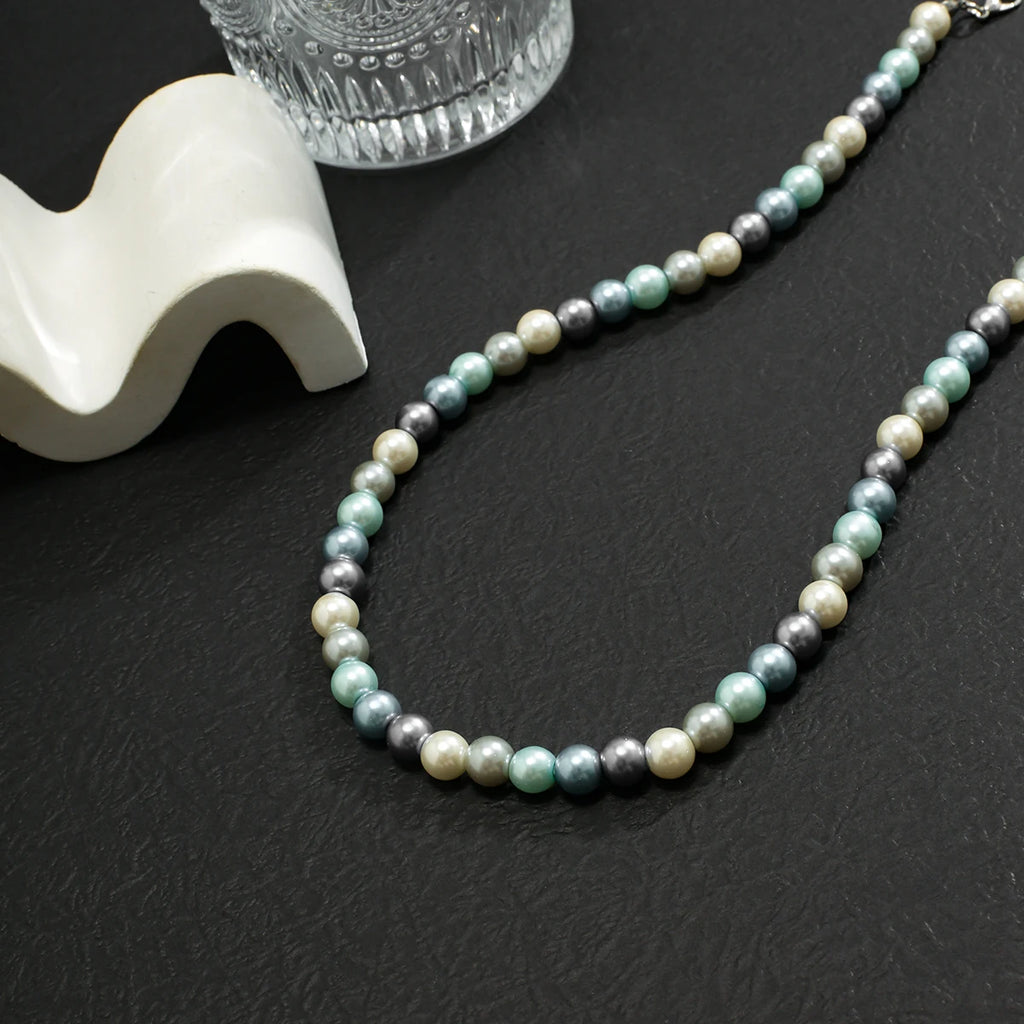 Multicolor Pearl Beads Short Choker Necklace Men Beaded Chains Collar