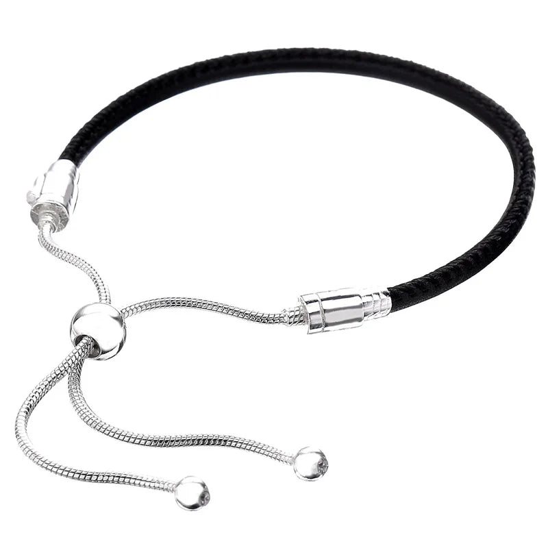 Multicolor Leather Bead Bracelet Adjustable Sliding Clasp 925 Silver Bangle
