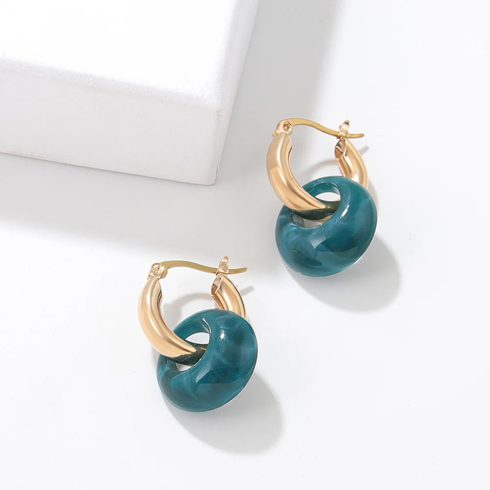 Multicolor Stone Thick Hoop Earrings Gem Huggie Statement Beads
