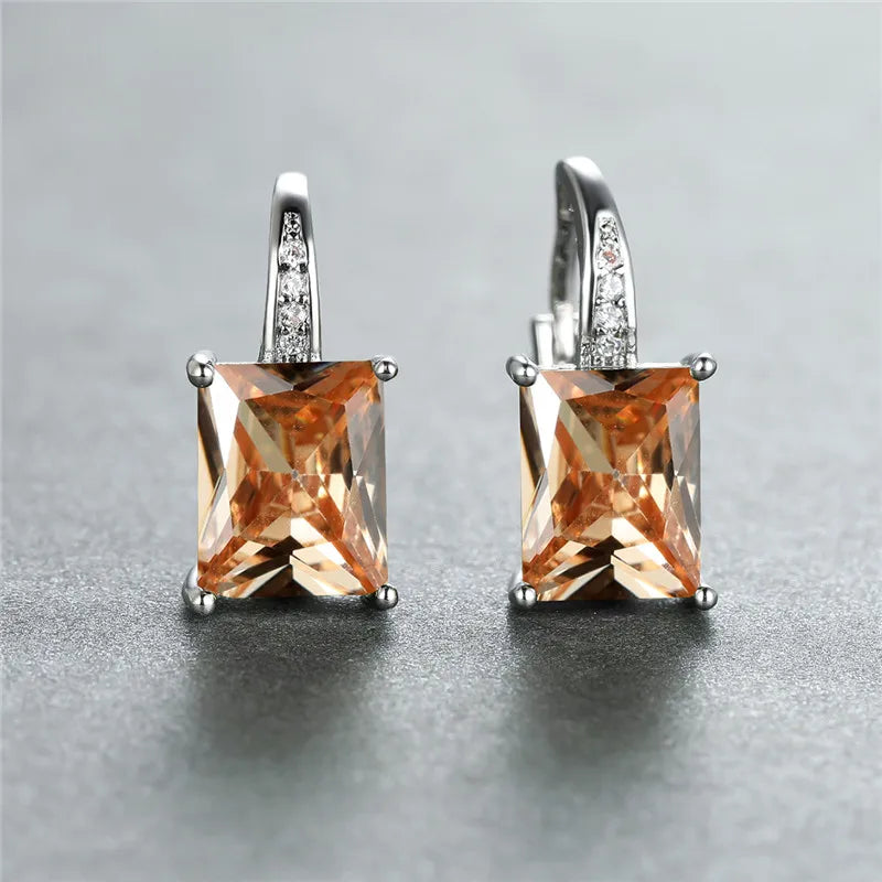 Multicolor Zircon Square Stone Earrings Crystal Hoop Silver Engagement Women
