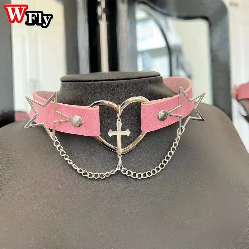 Multicolored Star Cross Leather Necklace