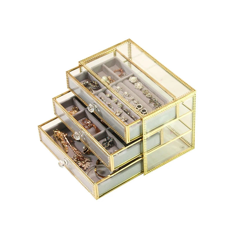 3-Layer Jewelry Glass Box Organizer Container - Storage Glass Case
