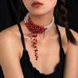Multilayer Pearl Necklace Choker Red Beads Tassel Short Neck Chain