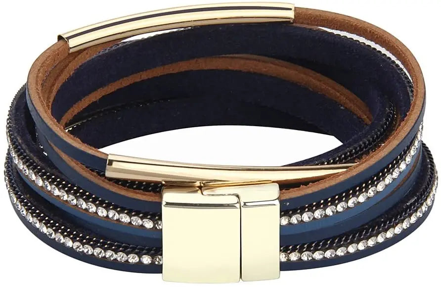 Multilayer Leather Crystal Bracelet Magnet Bangle Vintage Jewelry Gift