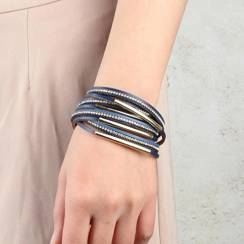 Multilayer Leather Crystal Bracelet Magnet Bangle Vintage Jewelry Gift