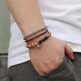 Vintage Natural Stone Beaded Bracelets Men Stainless Steel Leather Chain Bangle